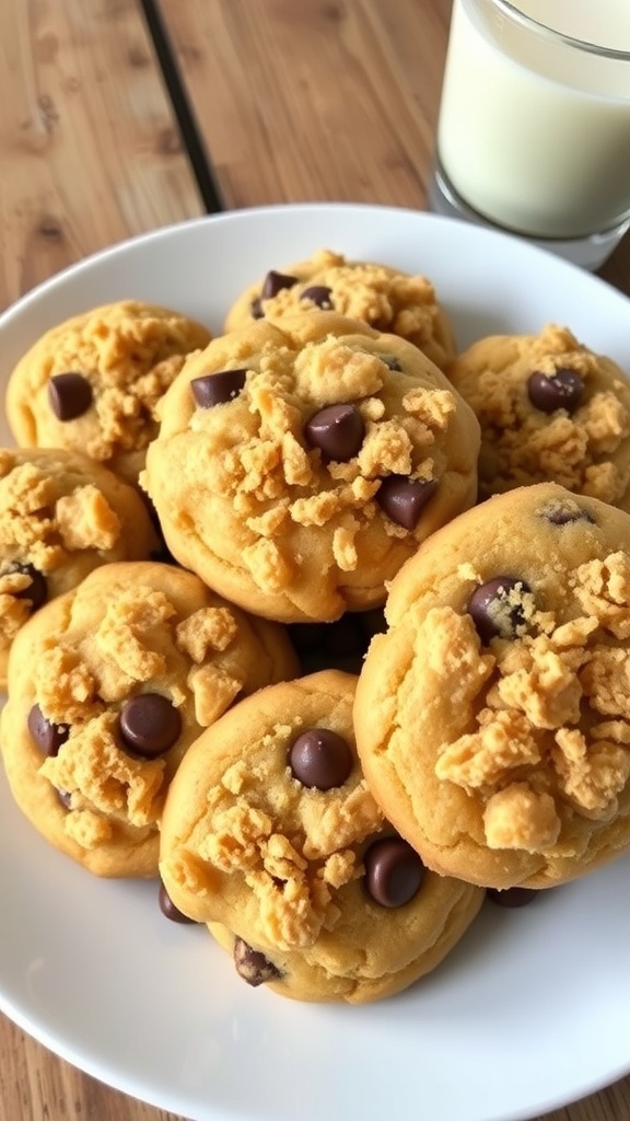 A plate of golden crumble cookies with chocolate chips, served with a glass of milk on a wooden table.